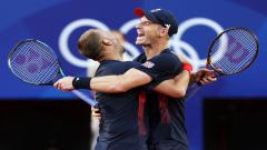 Dan Evans and Andy Murray playing doubles at Paris Olympics